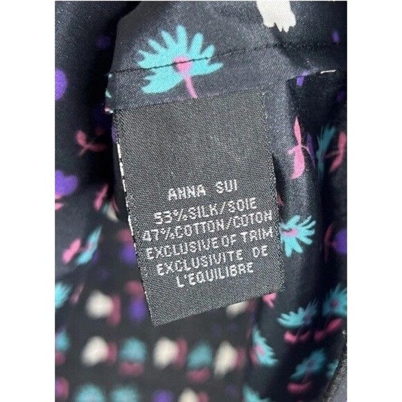 Anthropologie Anna Sui silk  Black Floral Mini Dress Striped V-Neck Trim, size 2 - Picture 5 of 6
